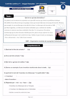 فروض اللغة الفرنسية المستوى الخامس  Contrôle du français n1 semestre 2 5AEP 2022